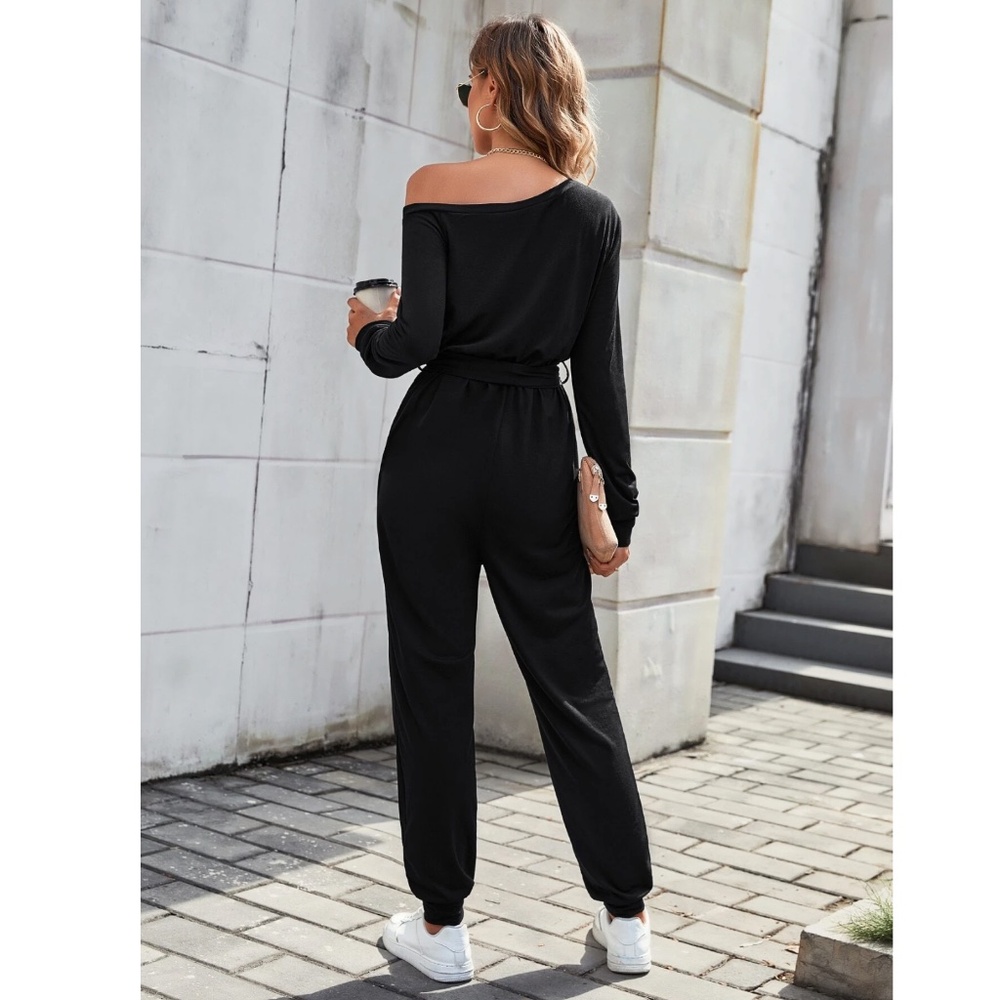 Asymmetrical Boat Neck Long Sleeve Tie Belt Waist Long Black Jumpsuit - Picture 6 of 8